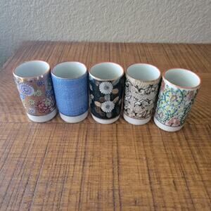 Vintage Japanese Sake Tea Cup Set Japan Handpainted Crane Floral Gold Rim Yunomi